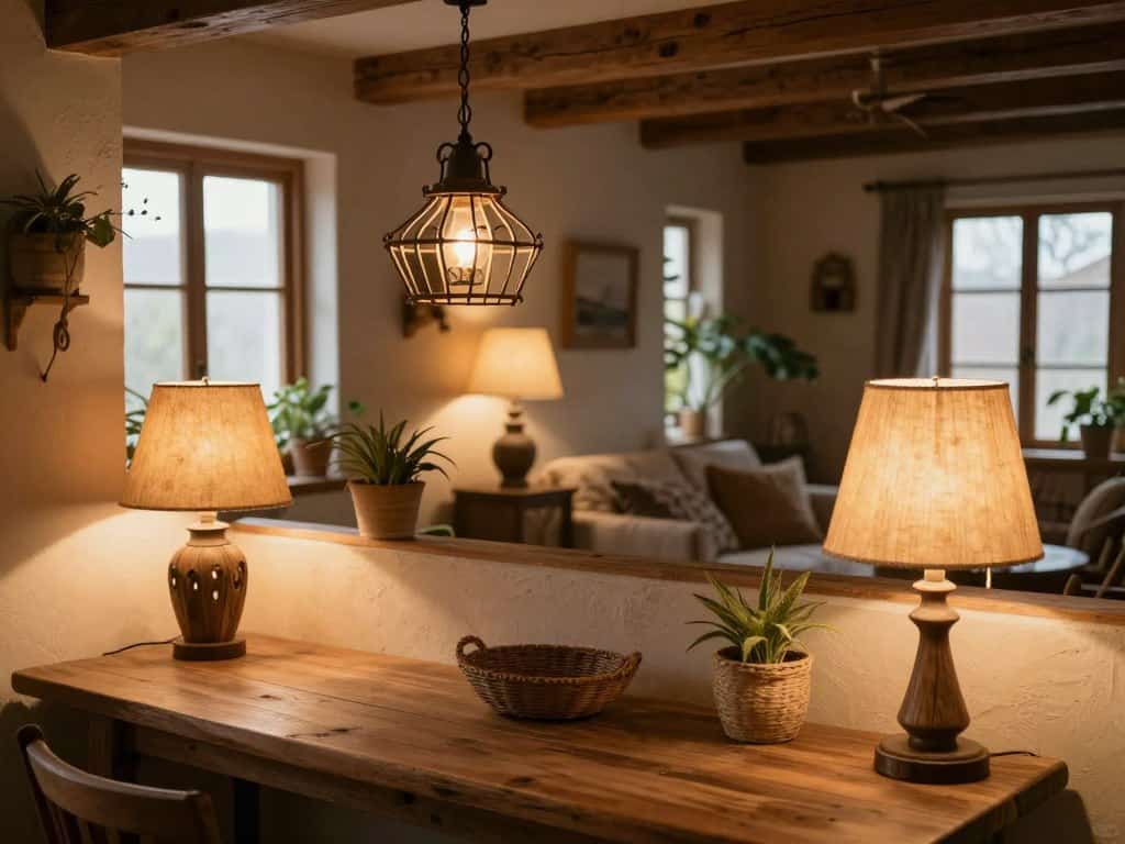 Beleuchtung im Landhausstil mit rustikalen Lampen und Holzlampen – Wohnbereich und Küche