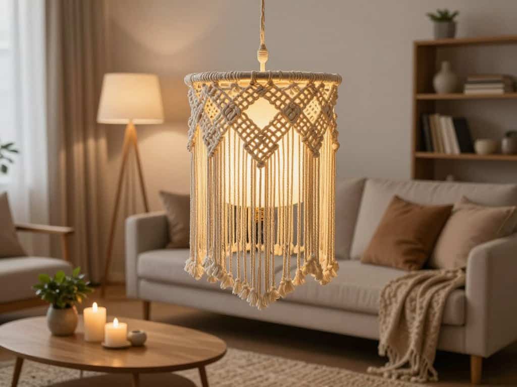 Makramee-Lampenschirm als natürliche Deko im Wohnzimmer