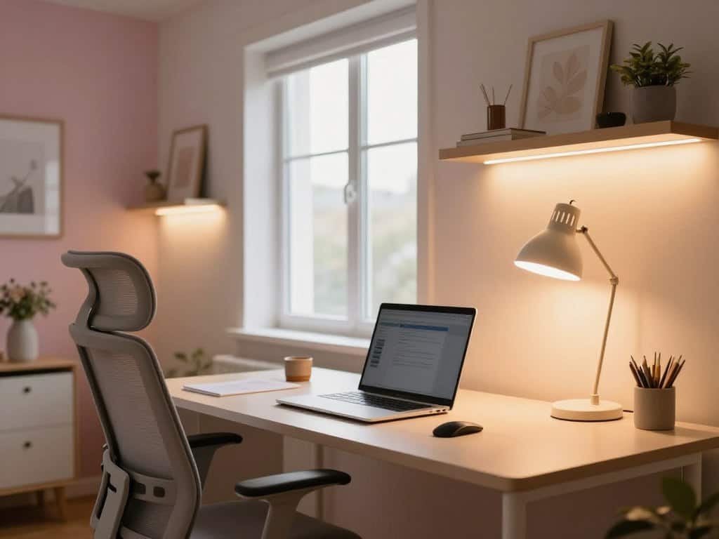Ergonomische Beleuchtung im kleinen Homeoffice: drei Lichtschichten am Schreibtisch