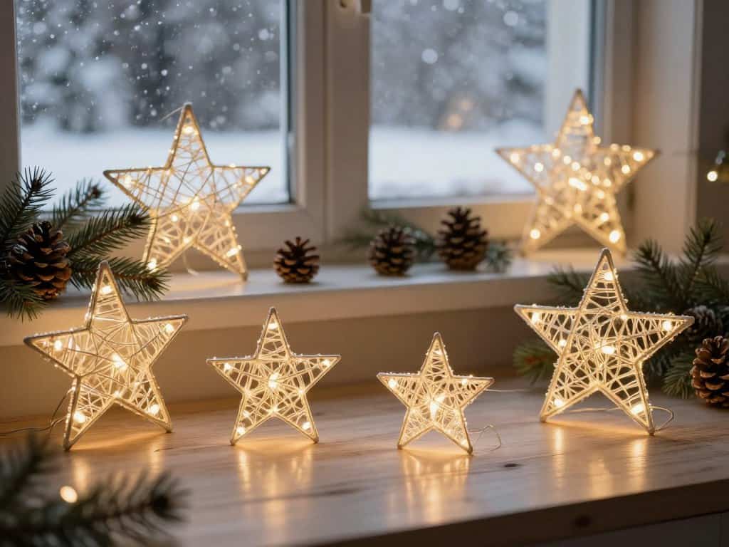 Drahtsterne basteln: fertige Lichtdeko mit LED-Lichterkette am Fenster