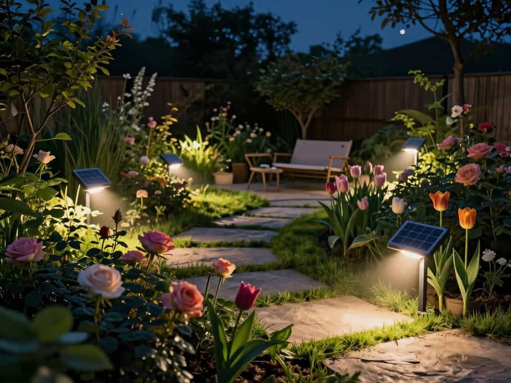 Solar-Spots für Pflanzen: warmweißes Akzentlicht auf Rosenstrauch im Garten