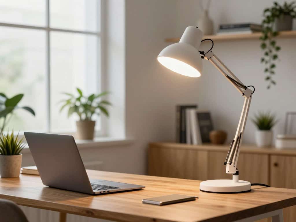 LED-Beleuchtung im kleinen Homeoffice: Schreibtischlampe und Grundbeleuchtung kombiniert