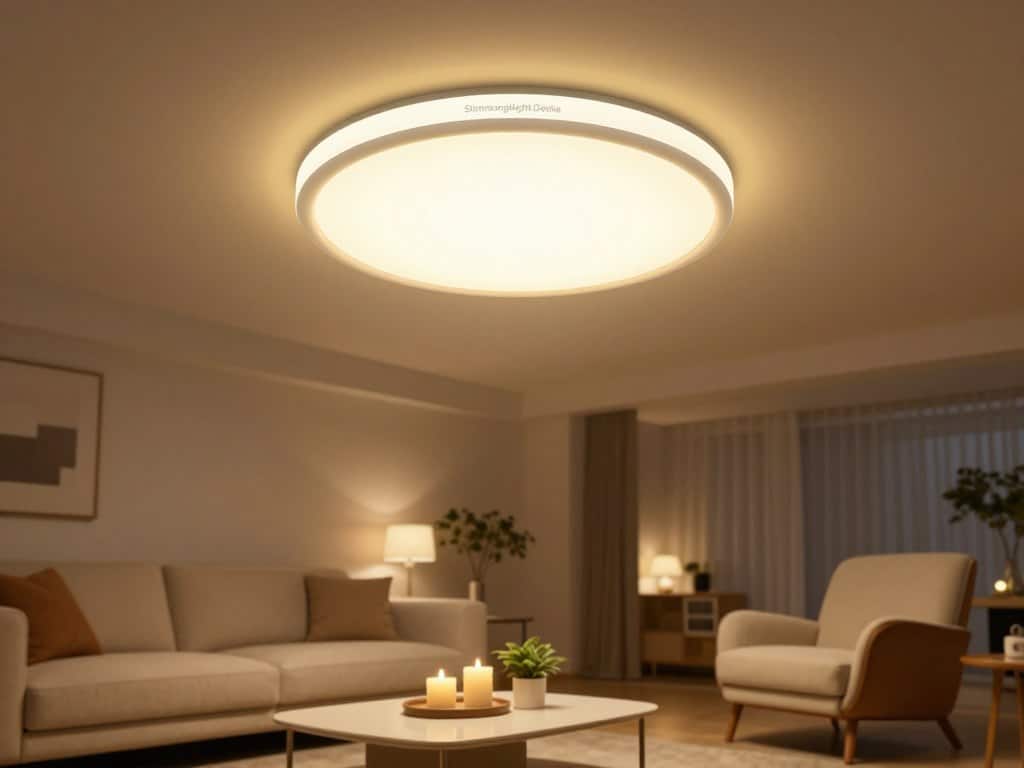 Stimmungslicht Decke: gedimmte Deckenleuchte im Wohnzimmer für Abendstimmung