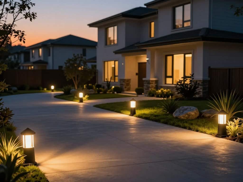 Warmweißes LED-Licht an der Einfahrt: Wegeleuchten und Wandleuchten kombiniert