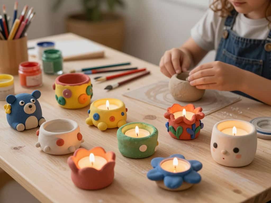 Bastelprojekte Kinder: fertige Kerzenhalter aus Ton mit herbstlichen Motiven