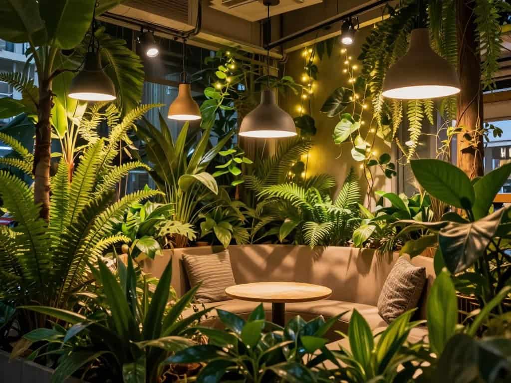 Kreative Pflanzenbeleuchtung im Urban Jungle: Rattan und Spots kombiniert