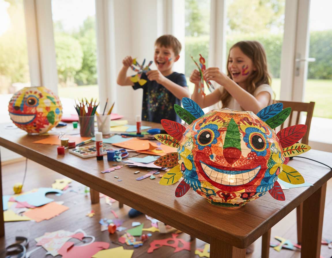 Eine fertige bunte Papierlaterne mit Kindern gebastelt Eine fertige bunte Papierlaterne mit Kindern gebastelt