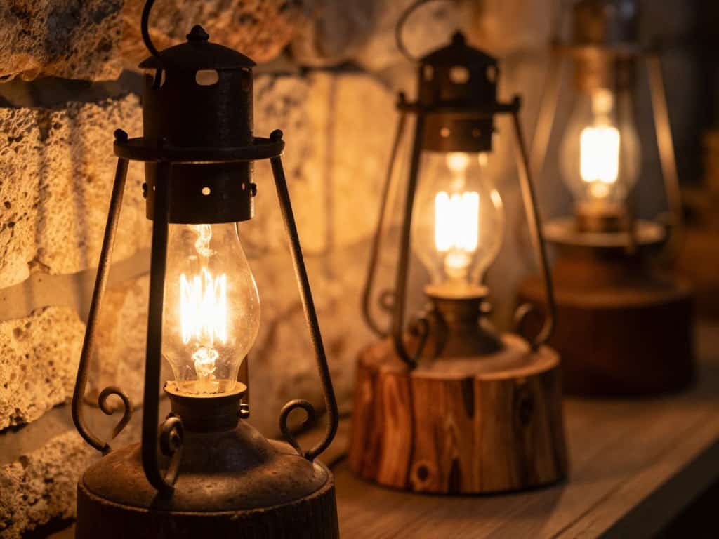 Rustikale Lampen im Detail: Schmiedeeisen und Glas in der Nahansicht