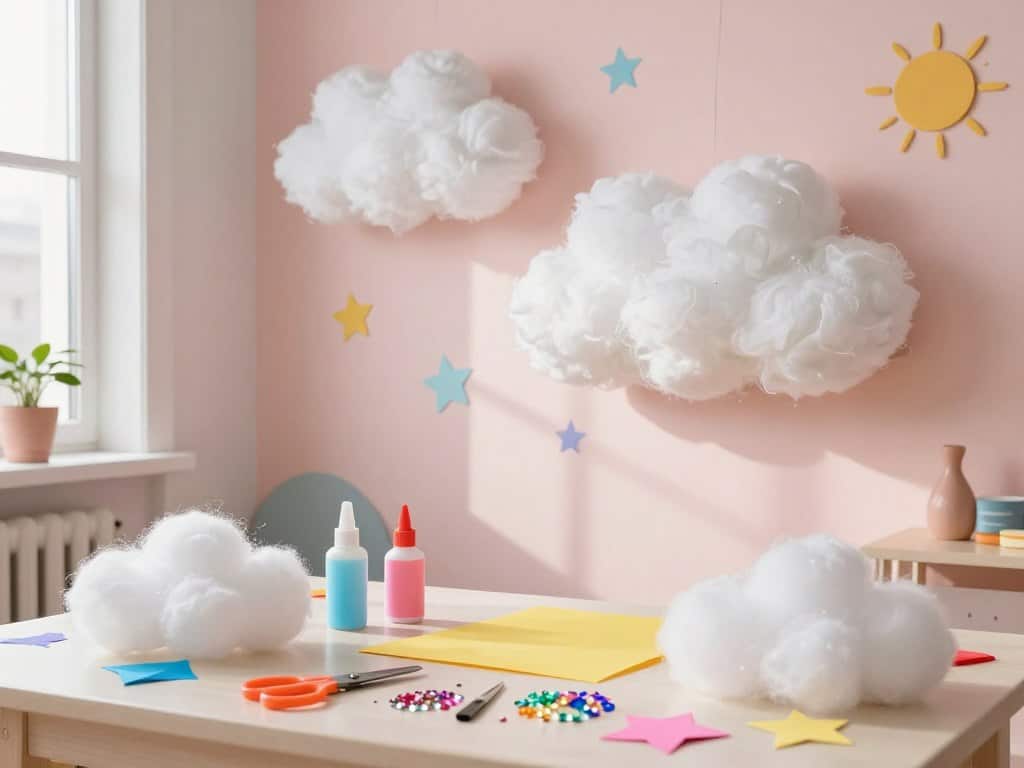 Wolken-Lichtdeko fürs Kinderzimmer: Materialien auf dem Basteltisch