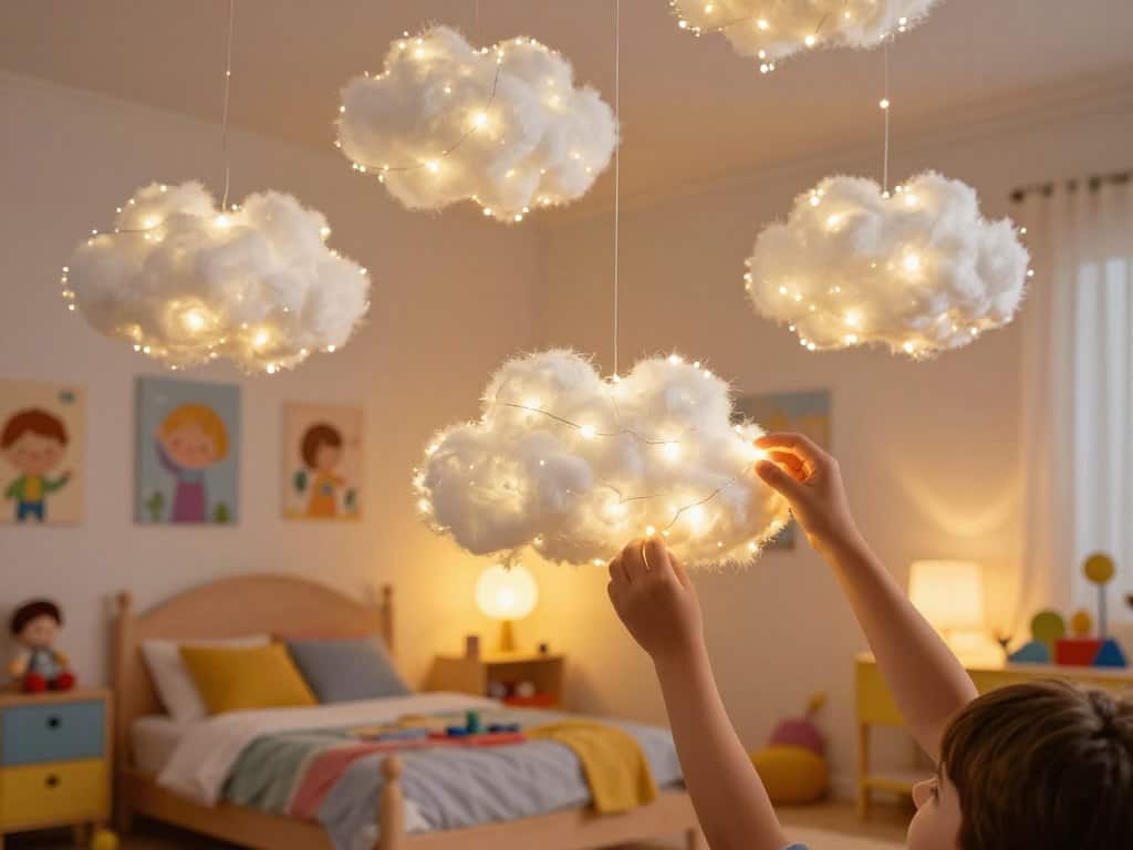 Fertige Wolken-Lichtdeko mit LED-Lichterkette im Kinderzimmer